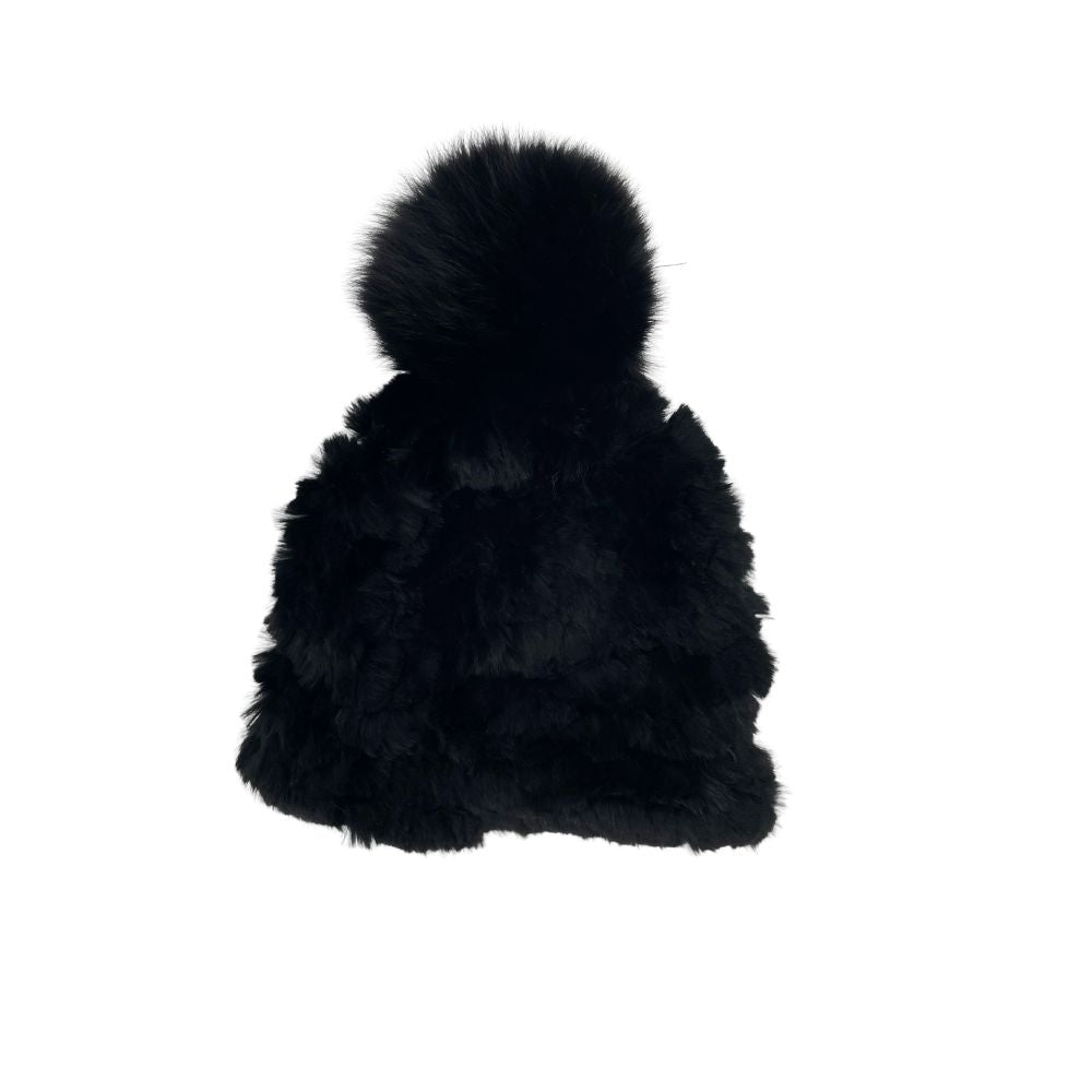 RABBIT KNITTED HAT WITH FOX FUR POM POM - BLACK – Yfur